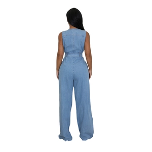 Back view of light blue denim jumpsuit with sleeveless racerback and high waist belt
