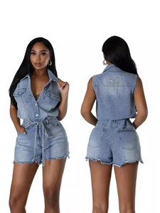 Barboteuse en Denim Sans Manches Décontractée pour Femmes Lavage à l'Acide Combishort avec Taille Cordon et Bord Brut