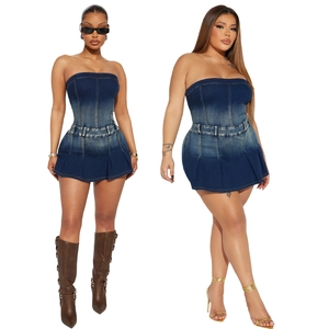 Sexy Strapless Denim Romper Gradient Washed Slim Fit Jumpsuit Backless Pleated Hem Bodycon Summer Streetwear Women Clothing