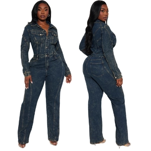 Women's dark wash stretch denim jumpsuit with long sleeves and front buttons