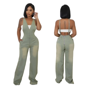 Green washed denim wide-leg jumpsuit with deep V-neck and thin straps, front and back view