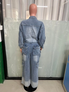 Back view of light blue washed denim cargo jumpsuit with elastic waist and wide legs