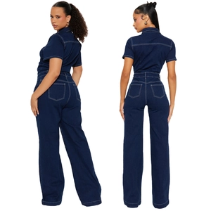 Front and back view of a dark blue denim jumpsuit with white contrast stitching