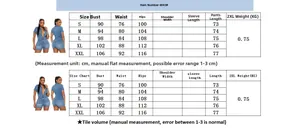 Size chart for high elastic washed denim short sleeve slim fit romper from S to XXL
