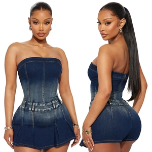 Slim fit strapless denim mini dress with gradient wash effect and pleated hemline