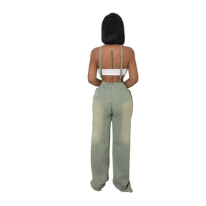 Slim fit light green denim jumpsuit for women featuring wide leg cut and back zip closure