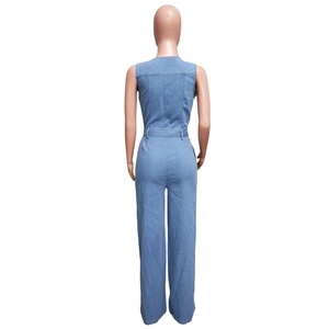 Rear view detail of light blue denim sleeveless jumpsuit with high waist and straight leg cut