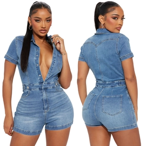 Women Sexy Slim Fit Denim Short Sleeve Romper Washed Single Breasted High Waist Casual Summer Street Style Blue Romper Jumpsuit