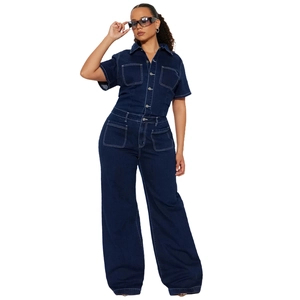 Deep blue denim wide-leg jumpsuit with short sleeves and contrast stitching