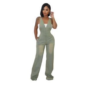 Slim fit denim wide leg jumpsuit with deep V-neck straps in vintage olive green color