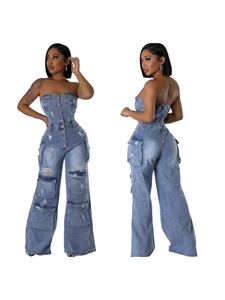 Combinaison Denim Bustier Femme Style Cargo Déchiré Lavé Bleu Jambe Large Pièce Unique Streetwear
