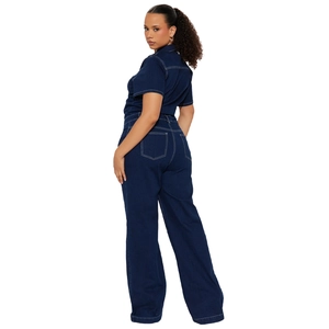 Women's dark blue short sleeve denim jumpsuit with wide leg and contrast stitching detail