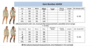 Size chart showing bust, waist, and hips measurements for denim short sleeve jumpsuit