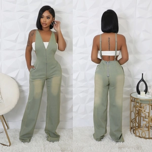 Women Sexy Denim Wide Leg Jumpsuit Sleeveless V Neck Spaghetti Strap High Waist Back Zipper Washed Cotton Denim One Piece