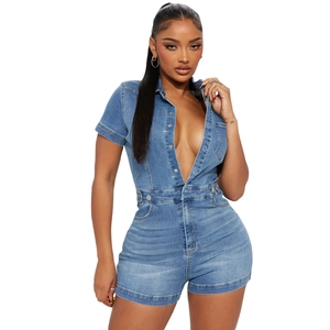 Slim fit washed blue denim short jumpsuit with short sleeves and front metal buttons