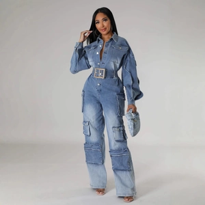 Blue washed denim boiler suit with cargo pockets and a buckled waist belt for women