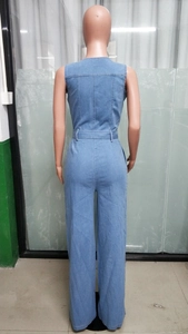 Back view of a slim-fit washed denim sleeveless jumpsuit with belted waist and wide legs