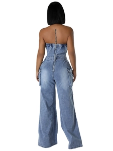 Combinaison en jean bustier bleu pour femme avec fermeture éclair au dos et poches