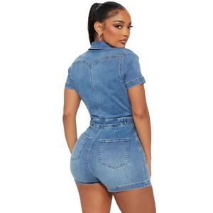Slim fit short sleeve denim jumpsuit in blue with classic collar and waist-defining back