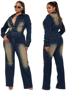 Slim fit flare leg denim jumpsuit with vintage wash, long sleeves and belted waist