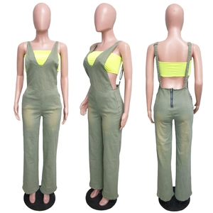 Army green slim fit denim overalls with yellow bandeau top in front, side and back views