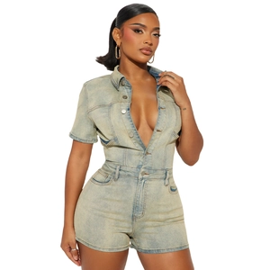 Slim fit acid wash denim romper for women featuring short sleeves and front buttons