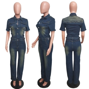 Three-sided view of vintage washed denim jumpsuit with slim waist and straight legs