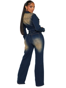 Slim fit flared leg denim jumpsuit in dark blue wash with retro vintage finish back