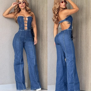 Tuta Intera in Denim Donna Sexy Senza Spalline Schiena Scoperta con Trafori Gamba Larga Dritta Street Style Slim Fit Blu