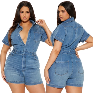 Women's slim fit wash blue denim romper with short sleeves and front button detail