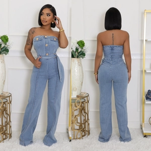 Tuta di Jeans Donna Sexy Senza Spalline Vestibilità Aderente Lavato Blu Gamba Larga Con Bottoni Dorati E Cintura Streetwear