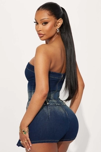 Detail view of the back metal zipper on a dark blue gradient denim tube top