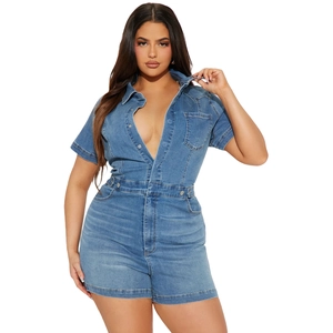 Close-up detail of high-stretch denim romper with metal buttons and washed finish