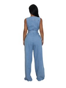 Slim fit light blue sleeveless denim jumpsuit with waist belt and wide leg back view