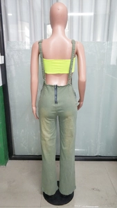 Back view of army green denim jumpsuits featuring a black zipper and wide-leg design