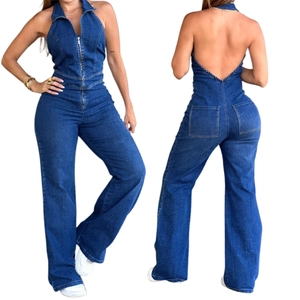 Combinaison en Denim Dos Nu Halter pour Femmes Streetwear Sexy Jambe Large Jeans Romper Pantalon Long Avec Fermeture Éclair