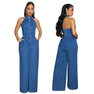 Combinaison en Denim Femme Sexy Dos Nu Jambe Large Pantalon Long Boutonné Sans Manches Mode Décontractée Jean Romper