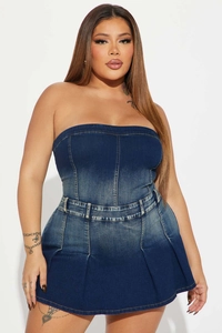 Close-up of slim-fit gradient blue wash denim strapless dress with waist loop details