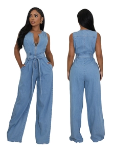 Light blue denim sleeveless jumpsuit with front zipper and high waist belted wide leg pants