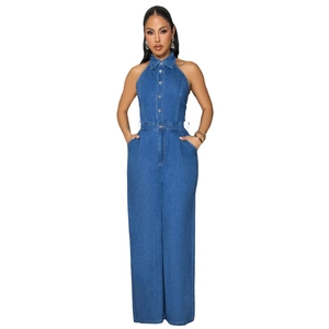 Combinaison en jean à licou avec col à revers et pantalon large pour femmes