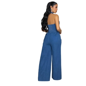 Combinaison en jean dos nu pour femme avec pantalon large et détails smockés élastiques
