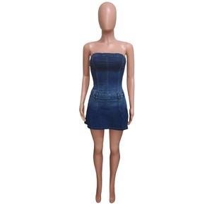 Detailed close-up of dark blue strapless denim mini dress with washed finish and stitching