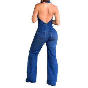 Combinaison en jean dos nu bleu foncé coupe ajustée avec jambe large et encolure licou