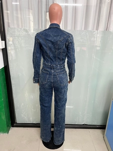 Rear view of washed blue denim jumpsuit showing elastic waist and dual back pockets