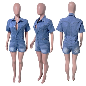 Detailed front and back views of a short sleeve denim jumpsuit with metal buttons