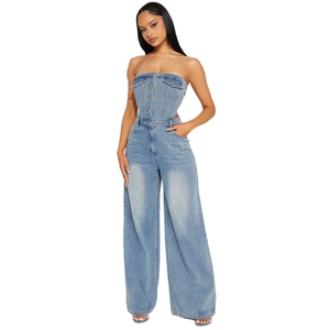 Trägerloser Damen Jeans Jumpsuit mit weitem Bein in hellblauer Waschung und Knöpfen