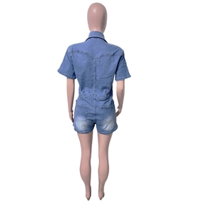 Detailed back view of slim fit denim romper with short sleeves and square pockets