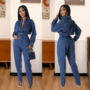 Combinaison en Jean Décontractée pour Femmes Manches Longues Coupe Ajustée Romper en Coton Lavé Avec Ceinture Poches Salopette