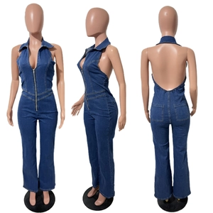 Détails en trois vues d'une combinaison en jean dos nu avec licou et zip frontal