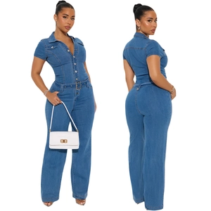 Damen Denim Jumpsuit Kurzarm Revers Geknöpft Weites Bein Romper Mit Gürtel Lässiger Blauer Jumpsuit Streetwear Mode Overall